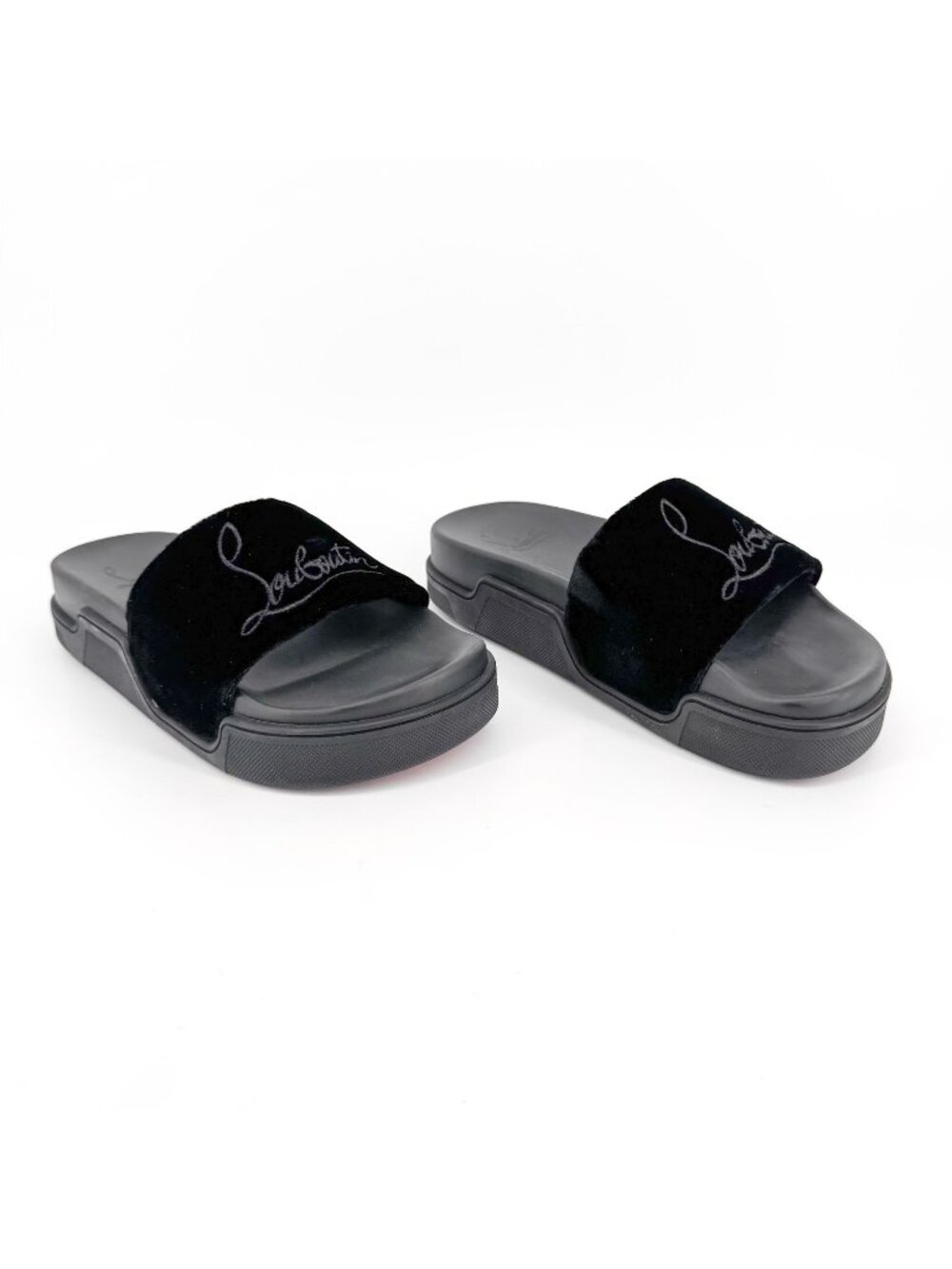 Christian Louboutin 'Navy Pool' Slide Sandals Size 37 US 7 Black Velvet Logo 27